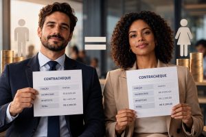 Equiparação salarial entre homem e mulher, representada por dois profissionais com contracheques de mesmo valor.